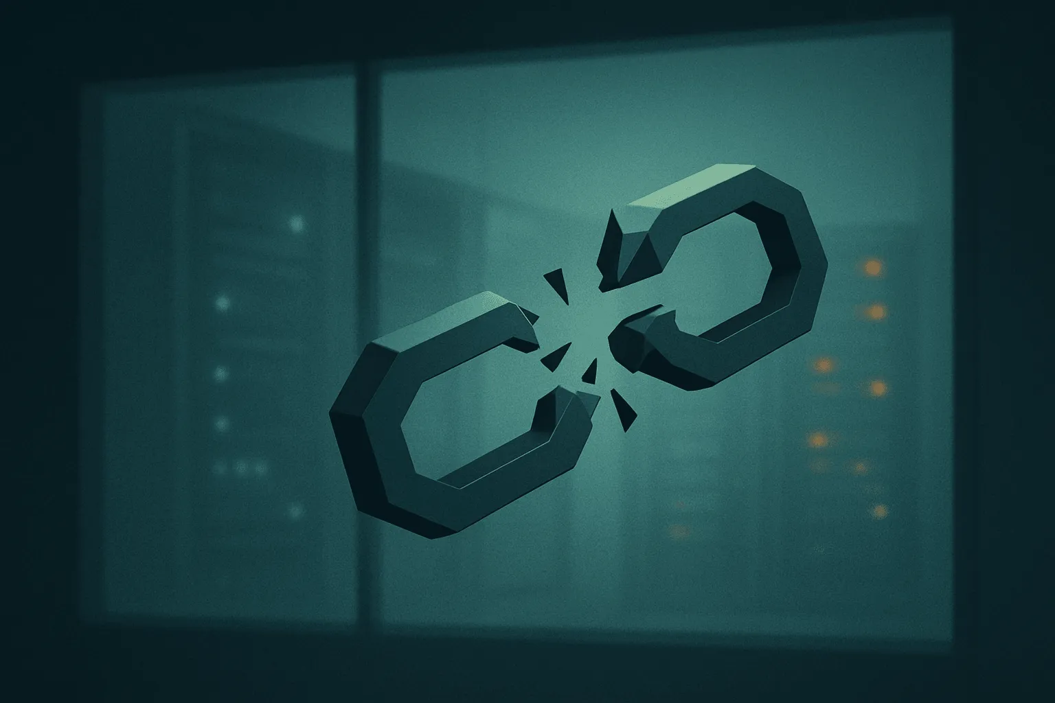A fractured chain link suspended in front of a shadowed server room, evoking a compromised cross-chain bridge.