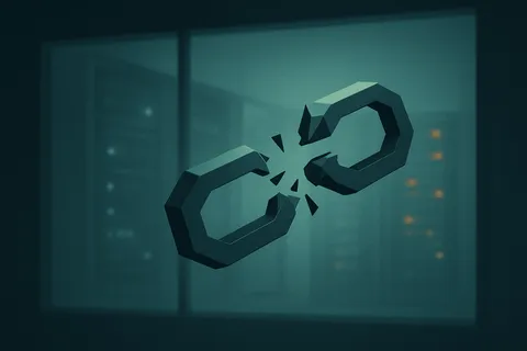 A fractured chain link suspended in front of a shadowed server room, evoking a compromised cross-chain bridge.