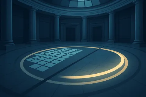 A courthouse rotunda floor inlaid with a diagram splitting an order book from a bonding curve, symbolizing the regulatory divide over prediction markets.