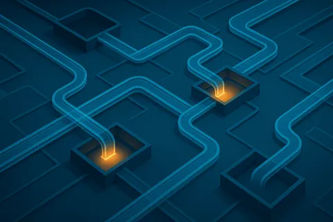 An abstract rendering of interconnected glass channels carrying liquid between geometric basins.
