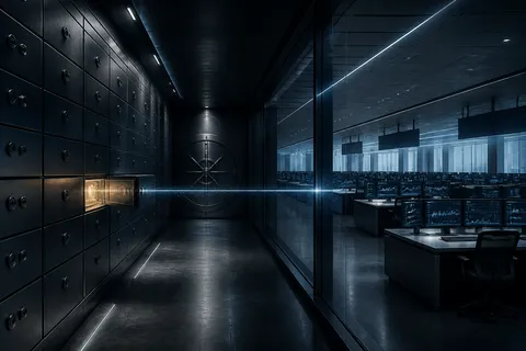A vault of sealed steel deposit modules separated by glass from an empty trading floor, linked by a single beam of light.
