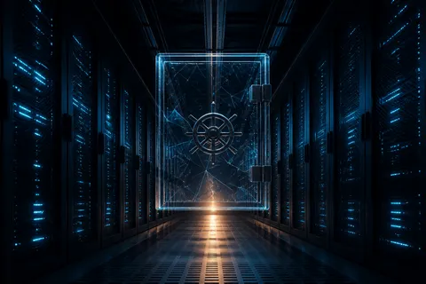 A dark data center corridor with a translucent vault-like glass panel suspended between server racks.