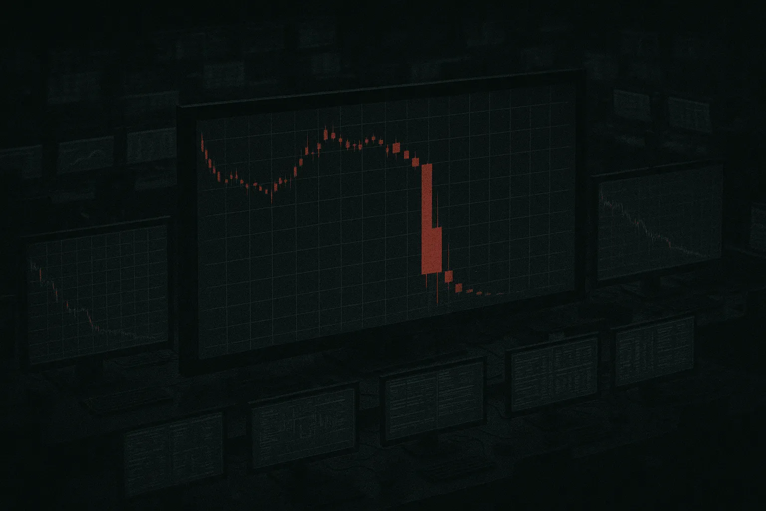 A dark trading room with monitors displaying a single dominant red candle and thinning order-book depth.