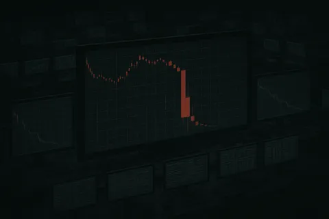 A dark trading room with monitors displaying a single dominant red candle and thinning order-book depth.