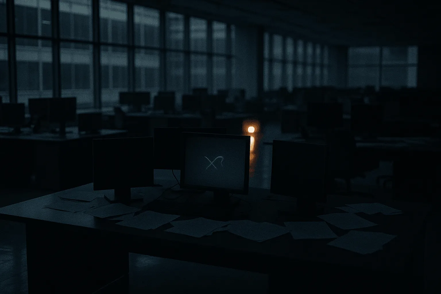 An empty trading floor at dusk with darkened monitors and a single amber emergency light.