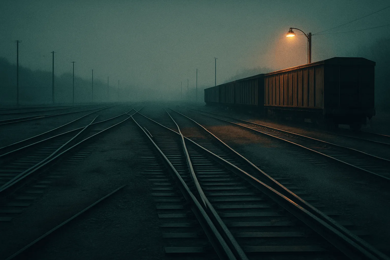 An empty railway clearing yard at dusk with converging tracks and abandoned freight cars under cold light.