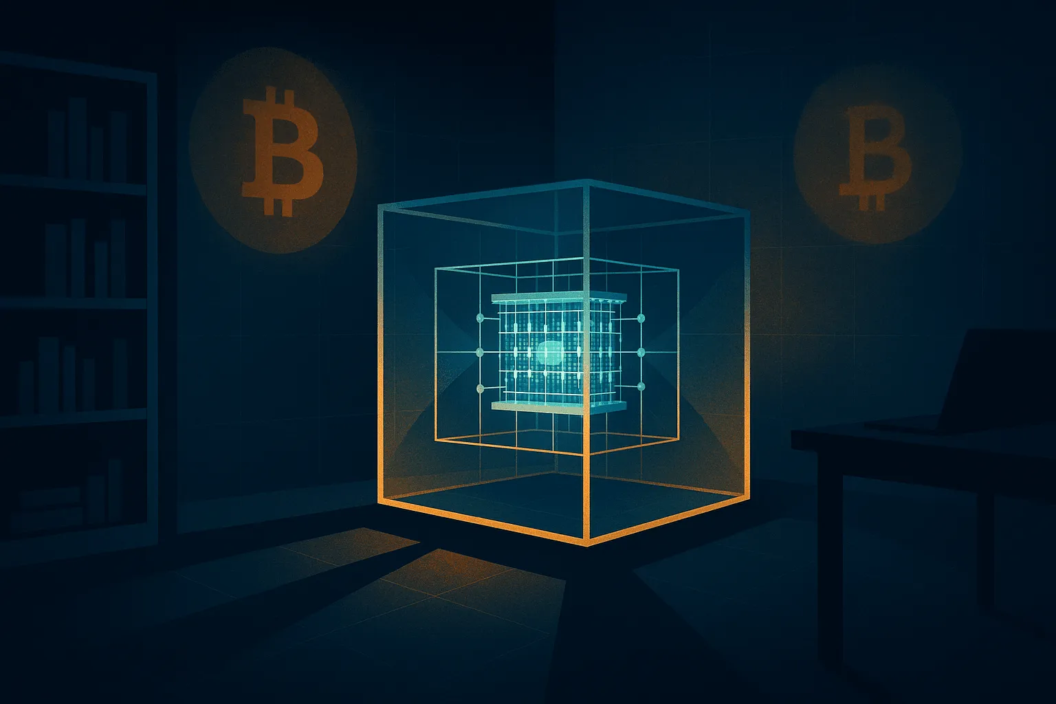 A glowing quantum processor lattice inside a glass cube refracts Bitcoin sigils onto dark walls.