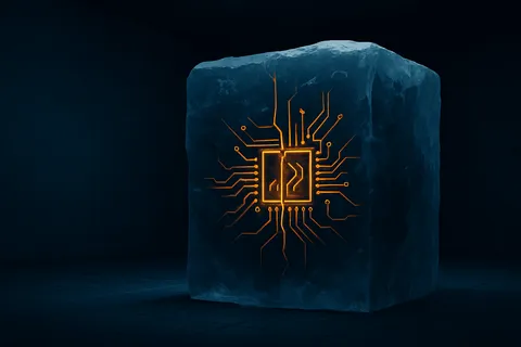 A block of ice with circuitry inside it, a thin crack running down the center, lit by faint amber light.