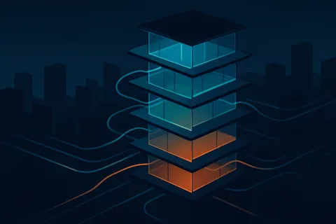A layered glass tower with floors of varying translucency, illustrating tranches in a structured credit stack.