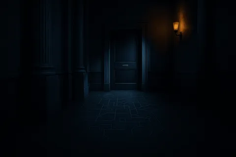 A dimly lit courthouse corridor with faint circuit-like etchings in the marble floor.