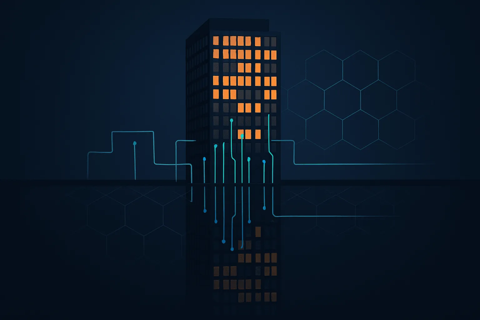A skyscraper reflected in water with faint geometric lines extending into a digital grid.