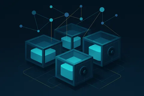 Layered translucent vaults connected by threads to network nodes, illustrating shared collateral infrastructure.
