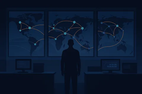 A silhouetted analyst standing before three wall-sized dashboards displaying global stablecoin flow arcs.
