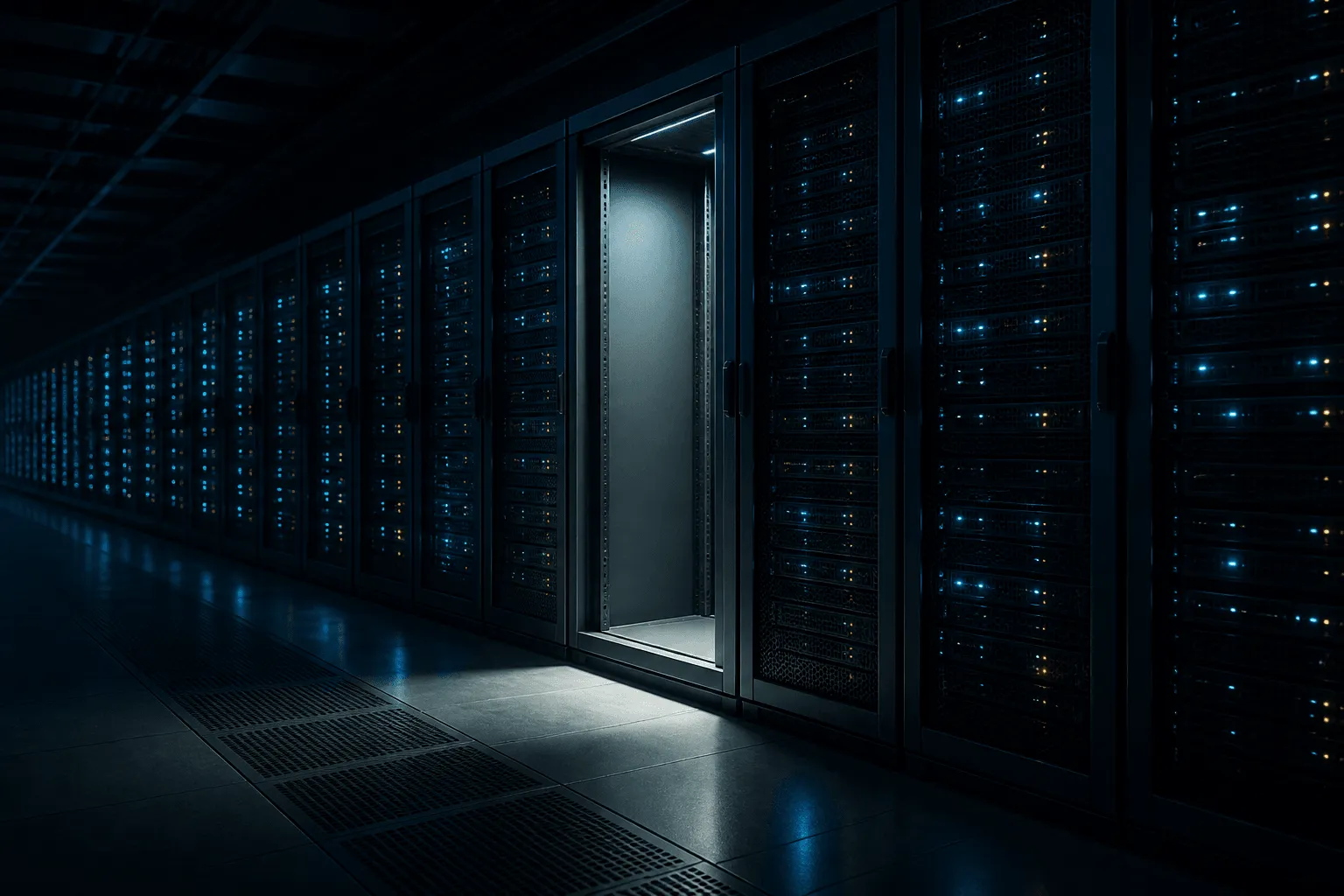 A row of server racks in a dark data hall with one empty open bay lit from within.