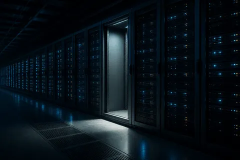 A row of server racks in a dark data hall with one empty open bay lit from within.