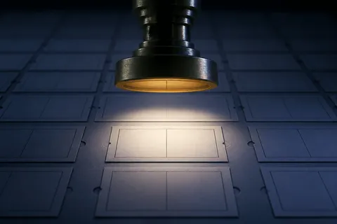A brass stamp hovers over one illuminated blank ticket among hundreds of unmarked tickets on a dark table.