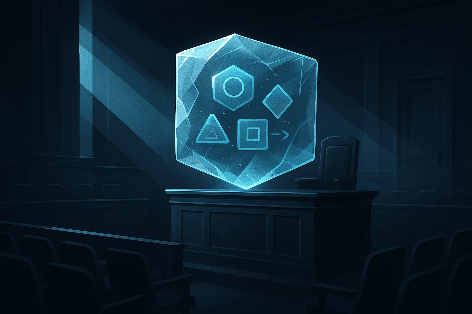 A frozen translucent block containing faint digital tokens suspended above a courtroom bench.