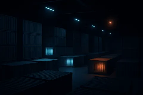 A cavernous warehouse of stacked shipping containers, most empty, a few illuminated from within.