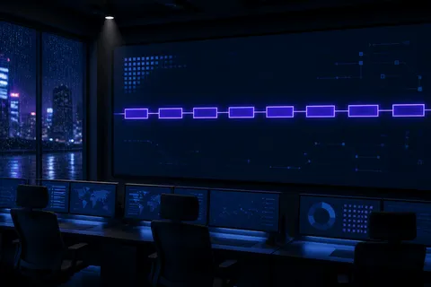 A dim operations room where a large wall display shows a halted sequence of block-production intervals.