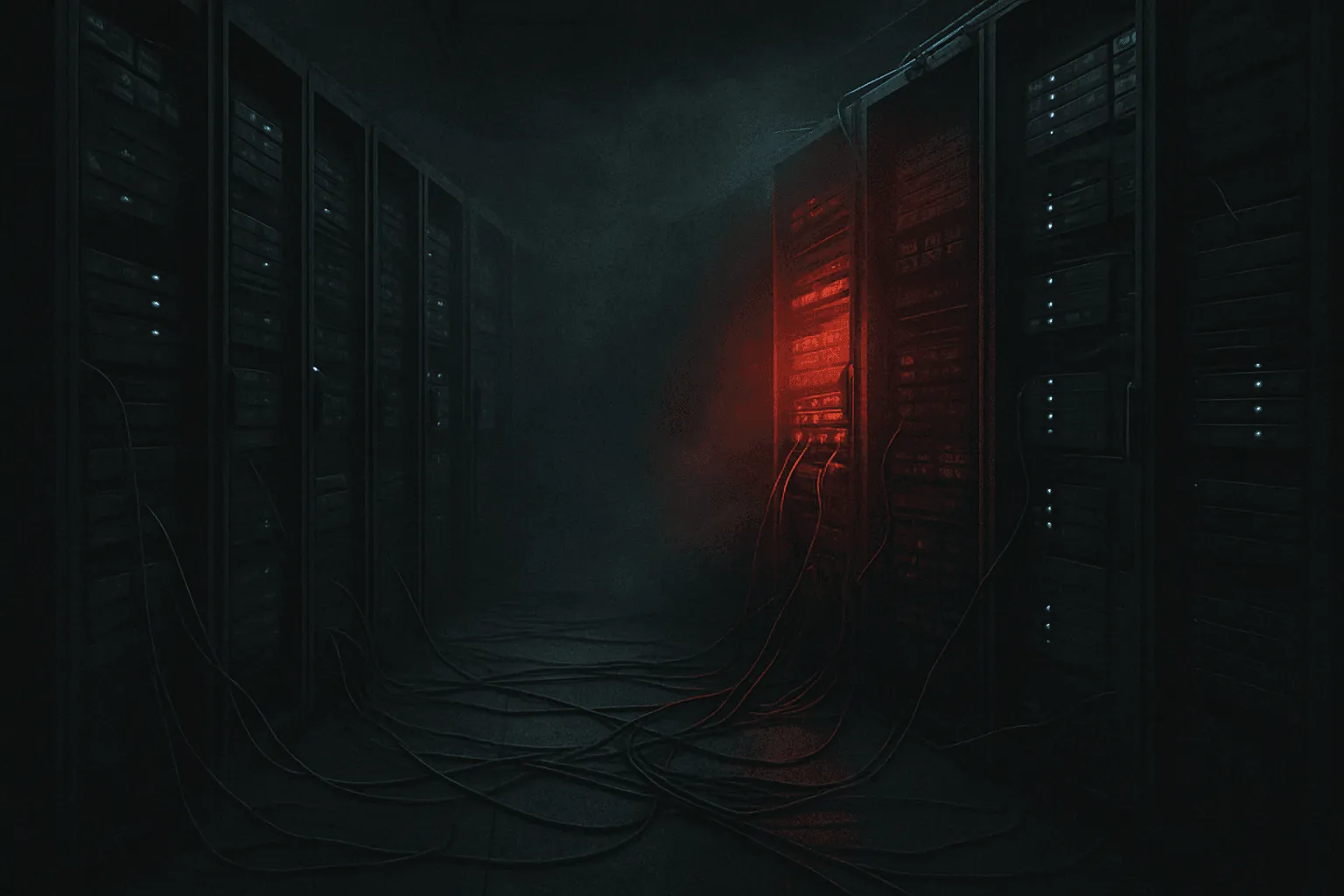A single red-lit server rack stands isolated among rows of darkened blue machines in a smoky data center.