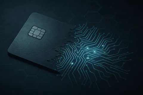 A payment card dissolving into circuit traces against a dark hexagonal background.